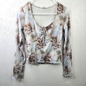 Fairycore Long Sleeve Top Medium Blue Brown Floral Print Bohemian Stretchy Shirt